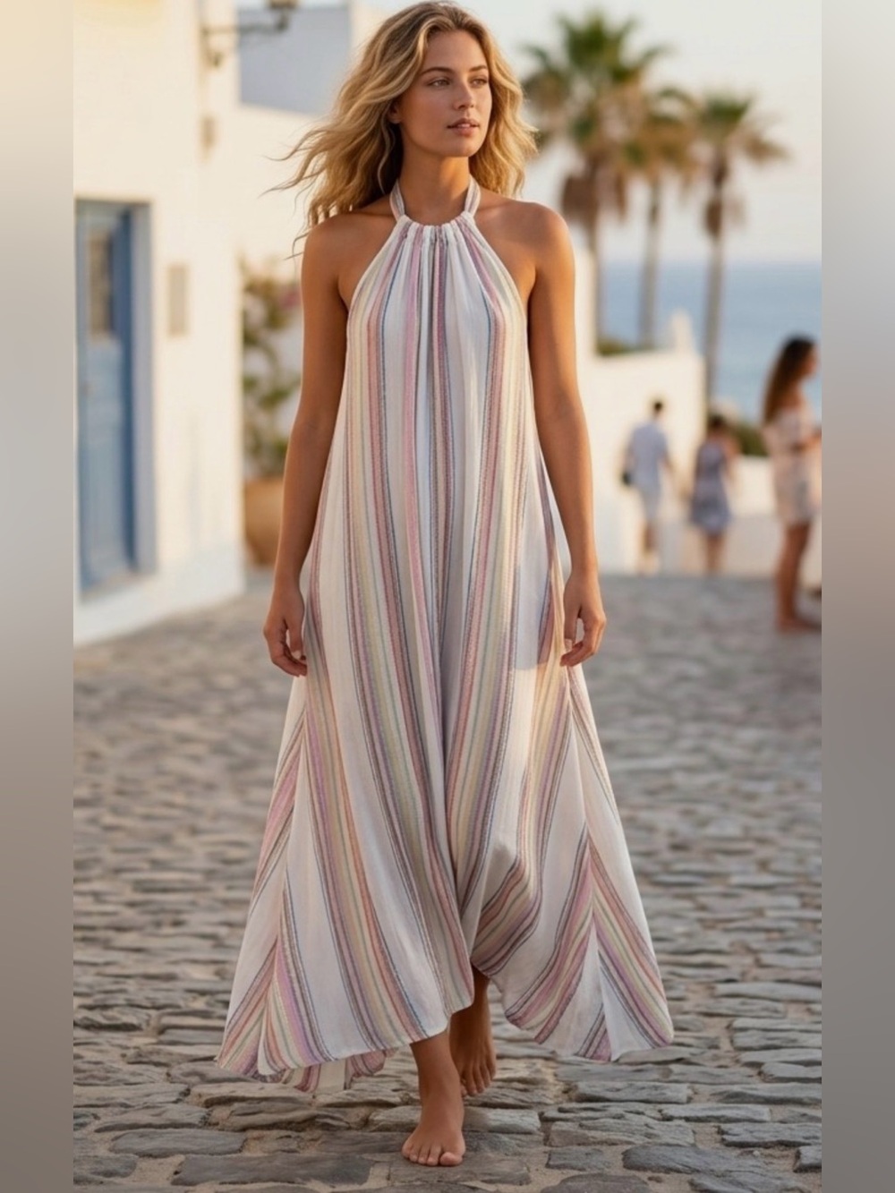 Striped metallic Halter Maxi Dress in Soft Pastel Size Small